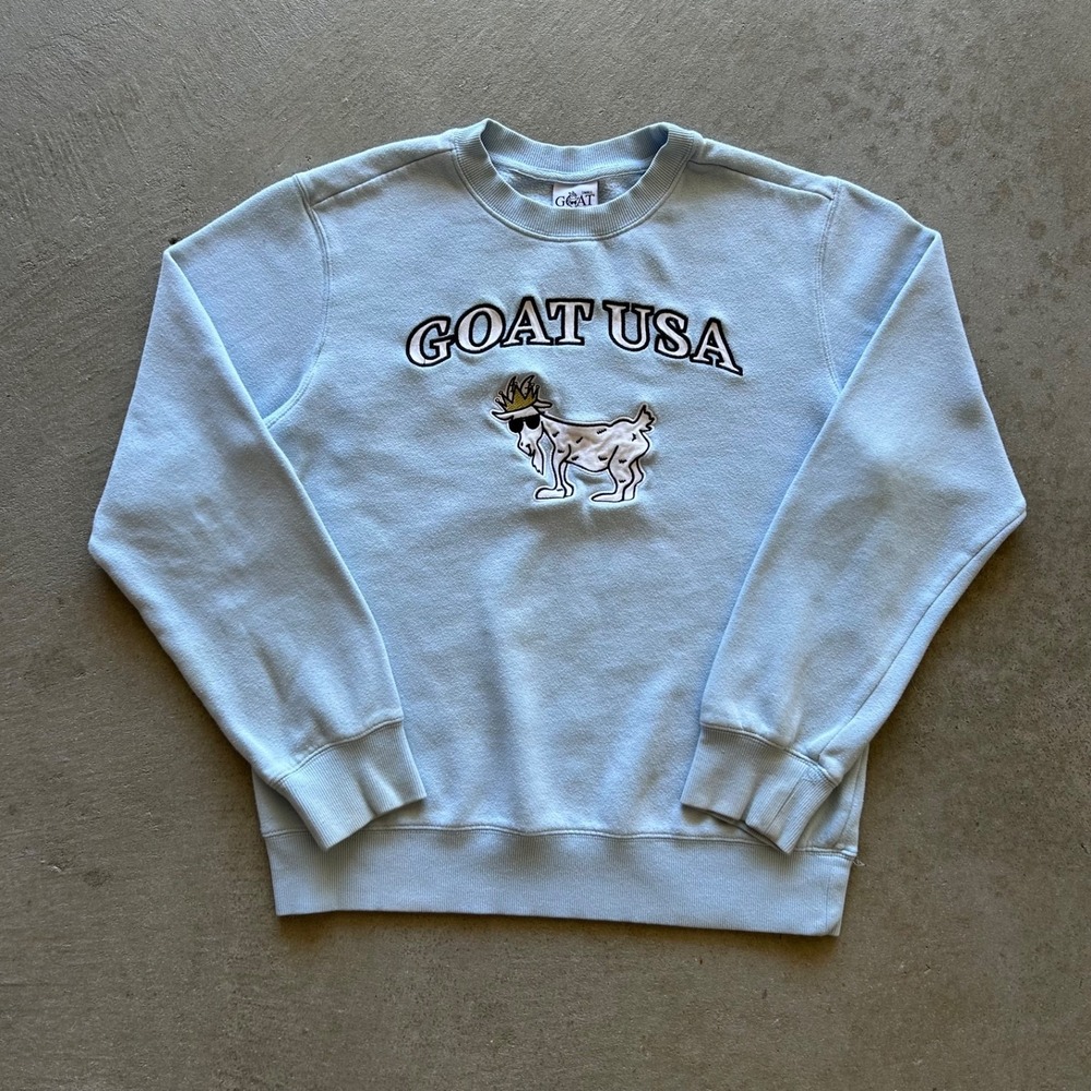 Goat USA Sweatshirt Size Small Light Blue Cotton Crewneck Spell Out Logo